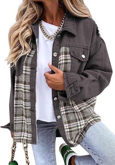 SHEWIN Women's Denim Jacket Long Sleeve Plaid Button Down Shirts Shacket Jacket | Amazon (US)