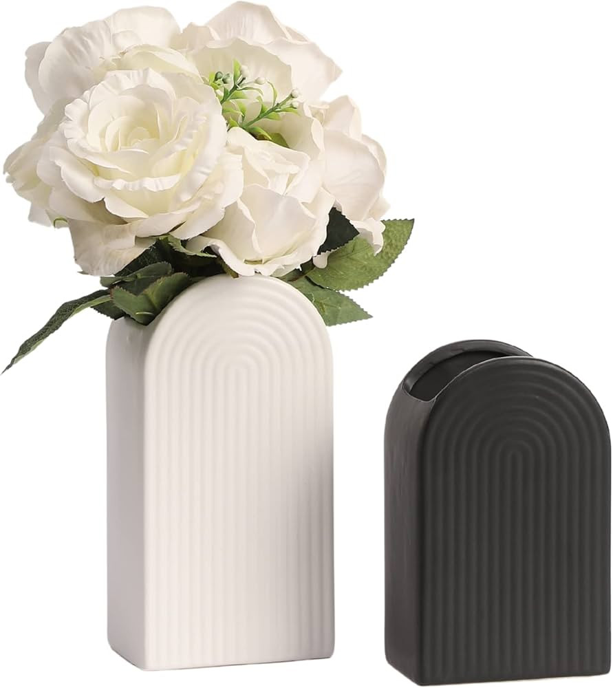 Black and White Vases, Set of 2 Vases, 8'' Tall White Ceramic Vase and 6.5”​ Small Black Vase... | Amazon (US)