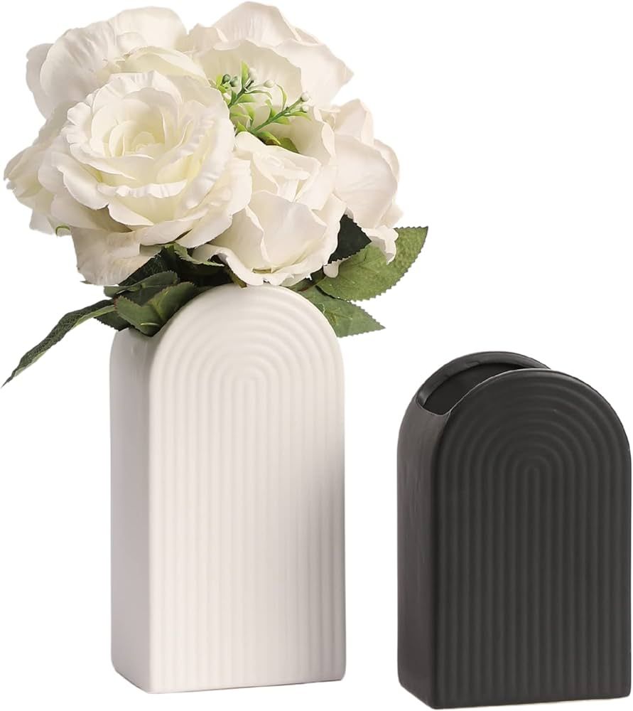 Black and White Vases, Set of 2 Vases, 8'' Tall White Ceramic Vase and 6.5”​ Small Black Vase... | Amazon (US)