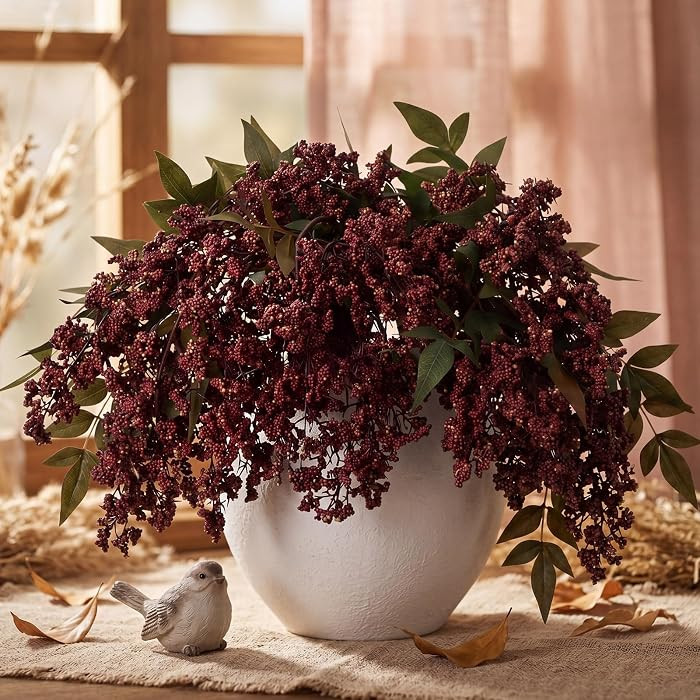 Dingion 3 Pcs 43 Inch Burgundy Berry Stem for Vase Fall Artificial Faux Sedum Berry Stems Autumn ... | Amazon (US)