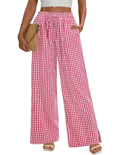 Rapbin Wide Leg Pants Woman Casual Lightweight High Waist Trousers Flowy Lounge Pants with Pockets (Red White Plaid, M) | Amazon (US)
