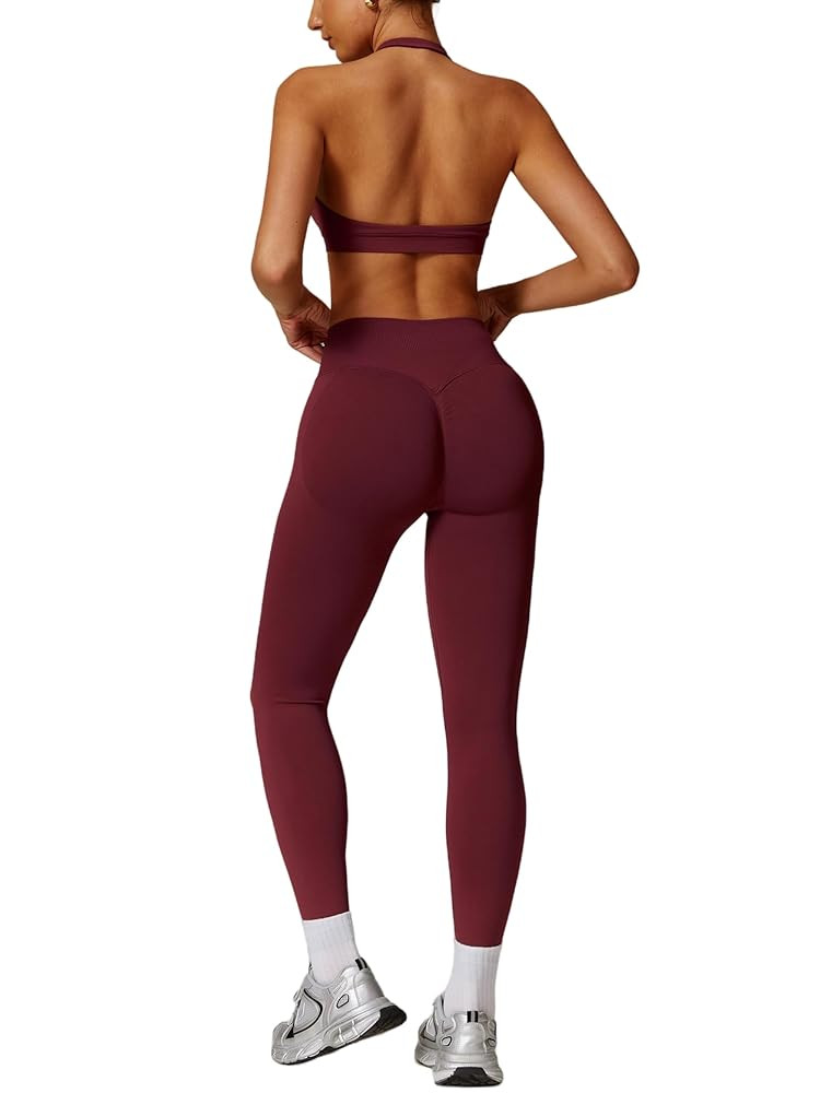 ABOCIW Workout Sets for Women Seamless Scunch Butt Lifting Impact Leggings Halter Sports Bra 2 Pi... | Amazon (US)
