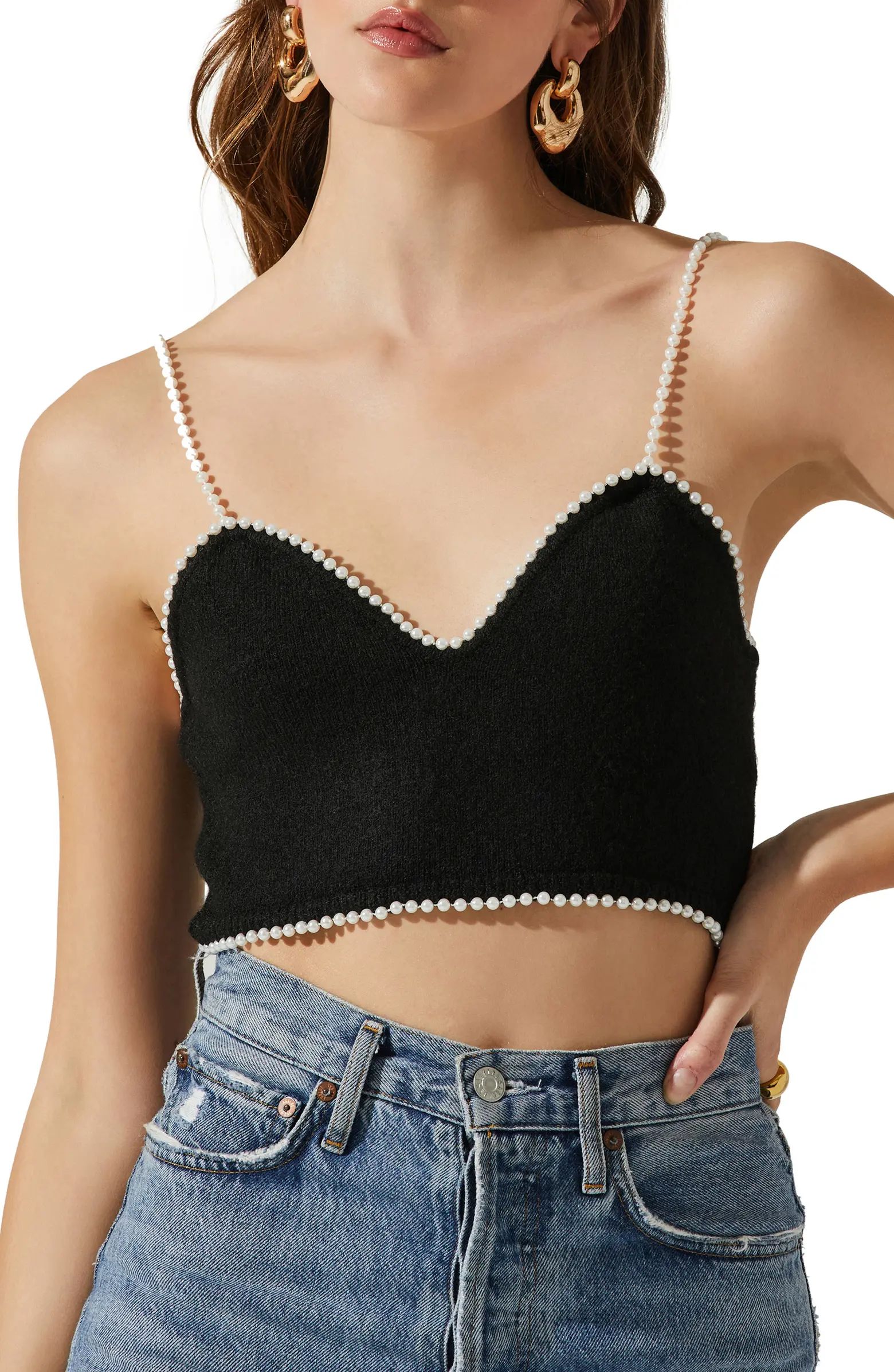 ASTR the Label Kira Imitation Pearl Trim Crop Sweater Camisole | Nordstrom | Nordstrom