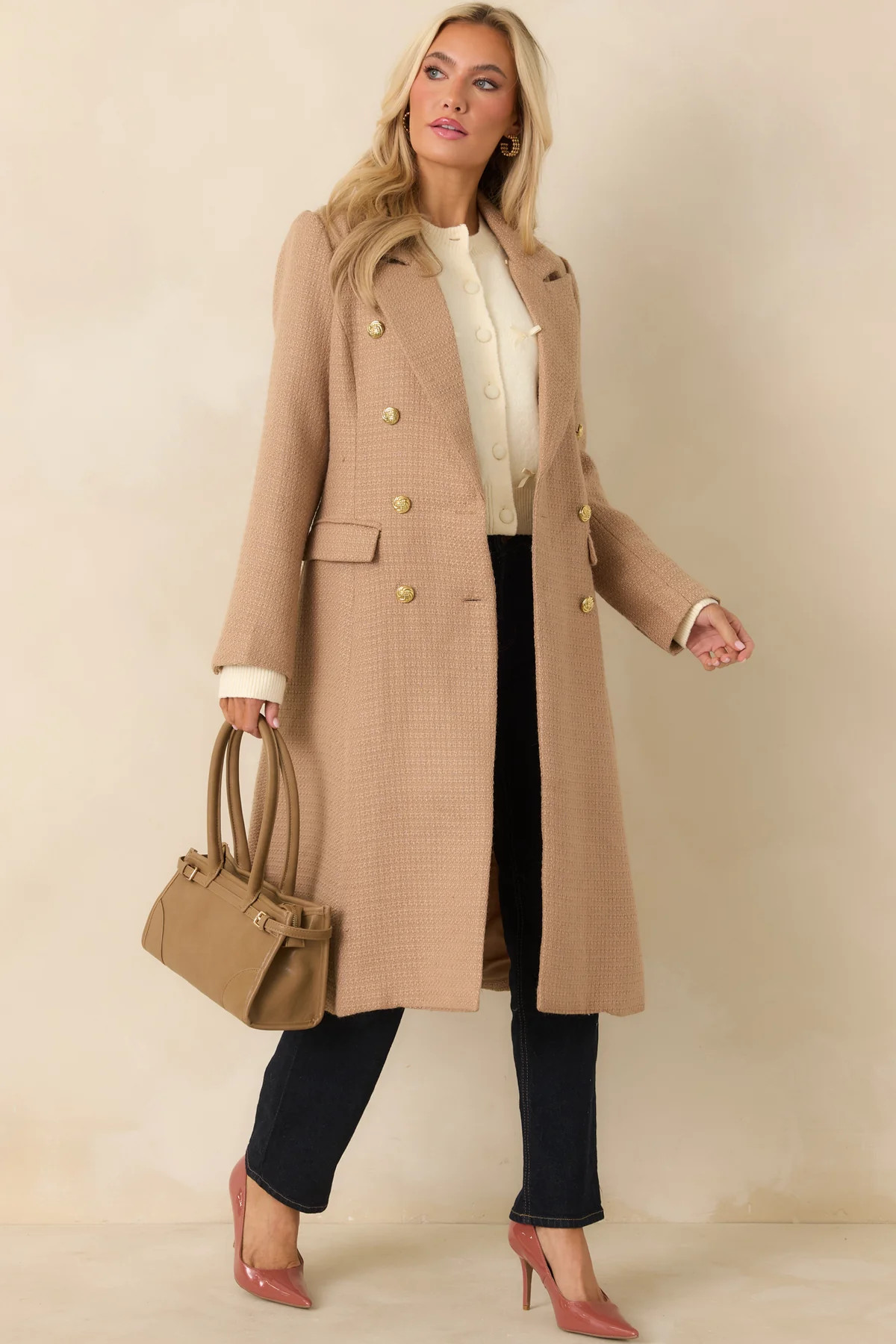 Get to It Camel Textured Woven Tailored Double-Breasted Topcoat | Red Dress