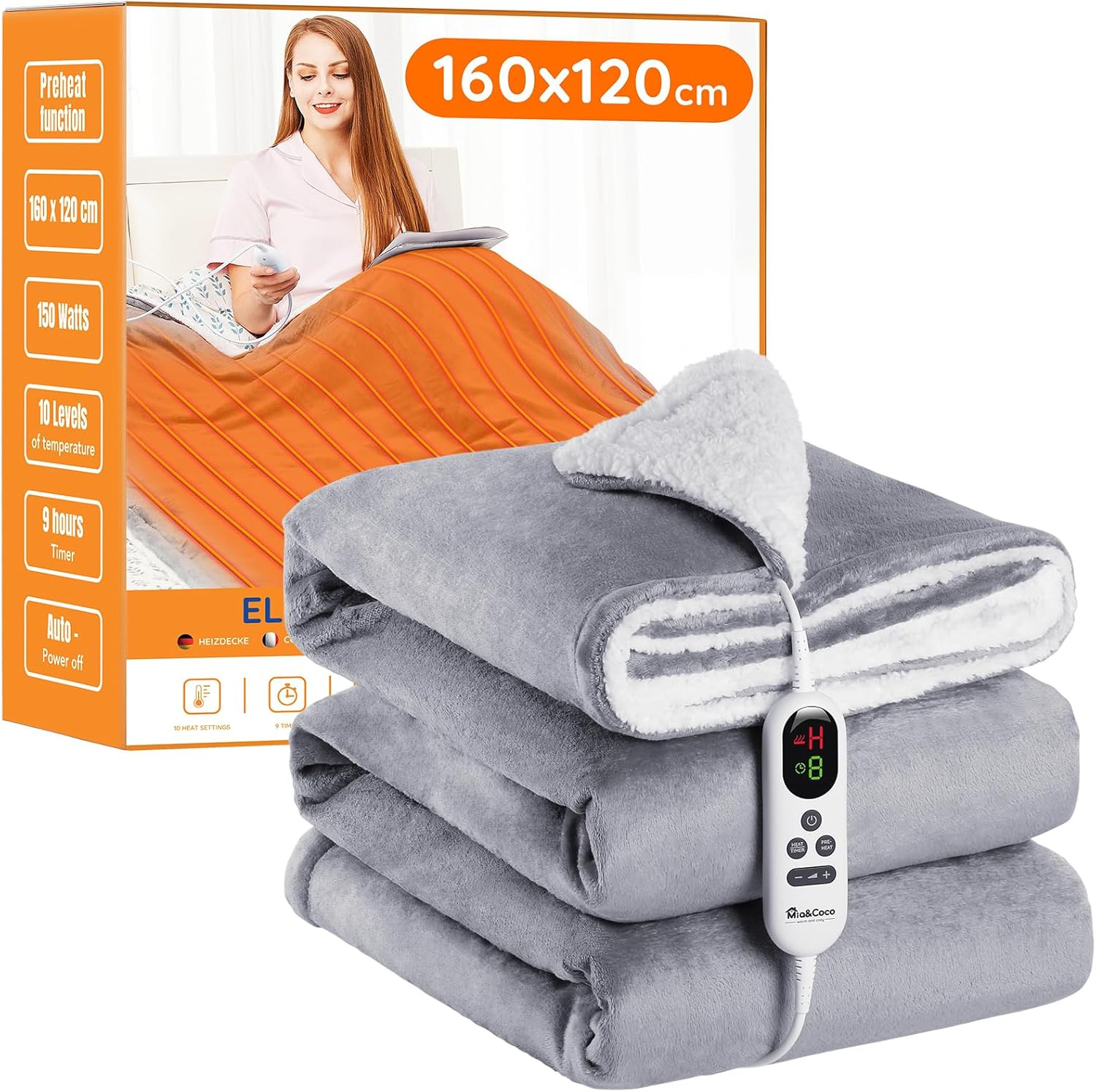 Mia&Coco Electric Heated Blanket Throw Flannel Sherpa Fast Heating 120x160cm, 10 Heat Levels & Up... | Amazon (UK)