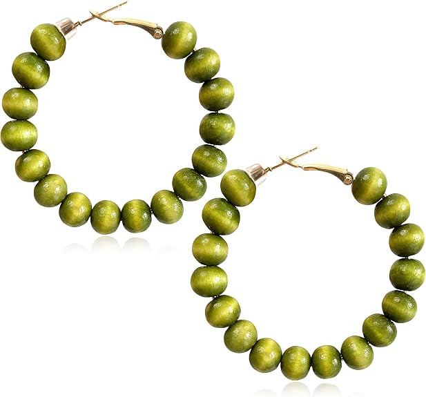 Handmade Nature Wooden Beaded Hoop Earrings Bohemian Minimalist Colorful Circle Round Wood Bead E... | Amazon (US)