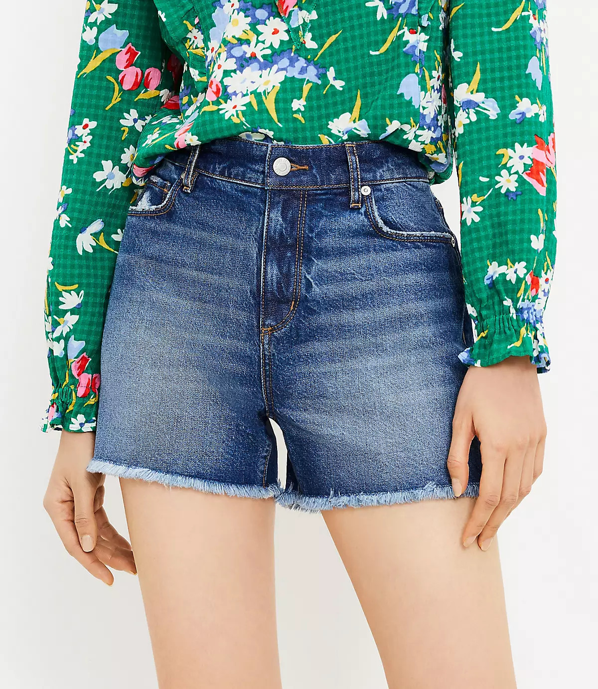 Frayed Denim Cut Off Shorts in Vintage Mid Indigo Wash | LOFT