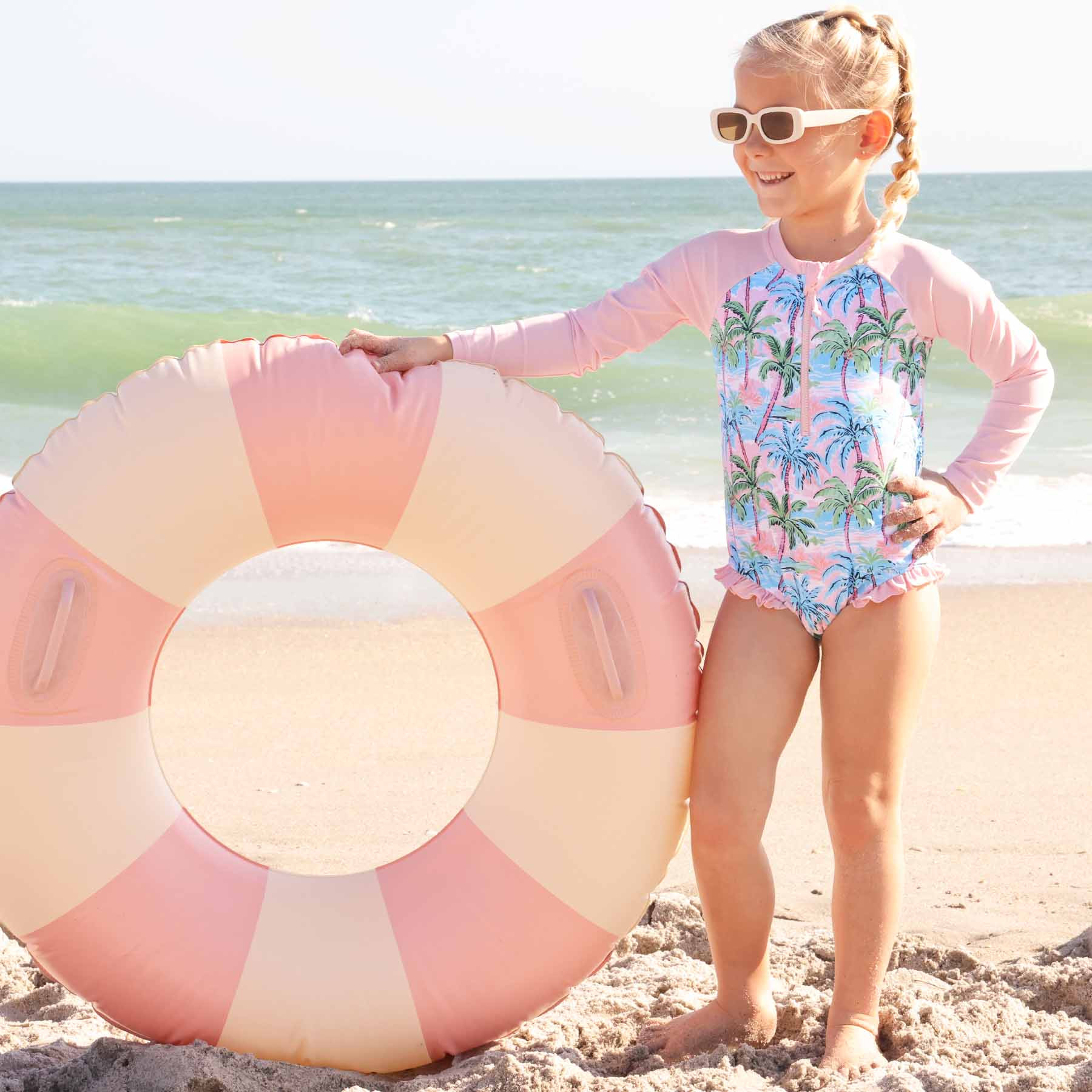 Long Sleeve Rash Guard with Front Zipper | Pastel Palms | Caden Lane