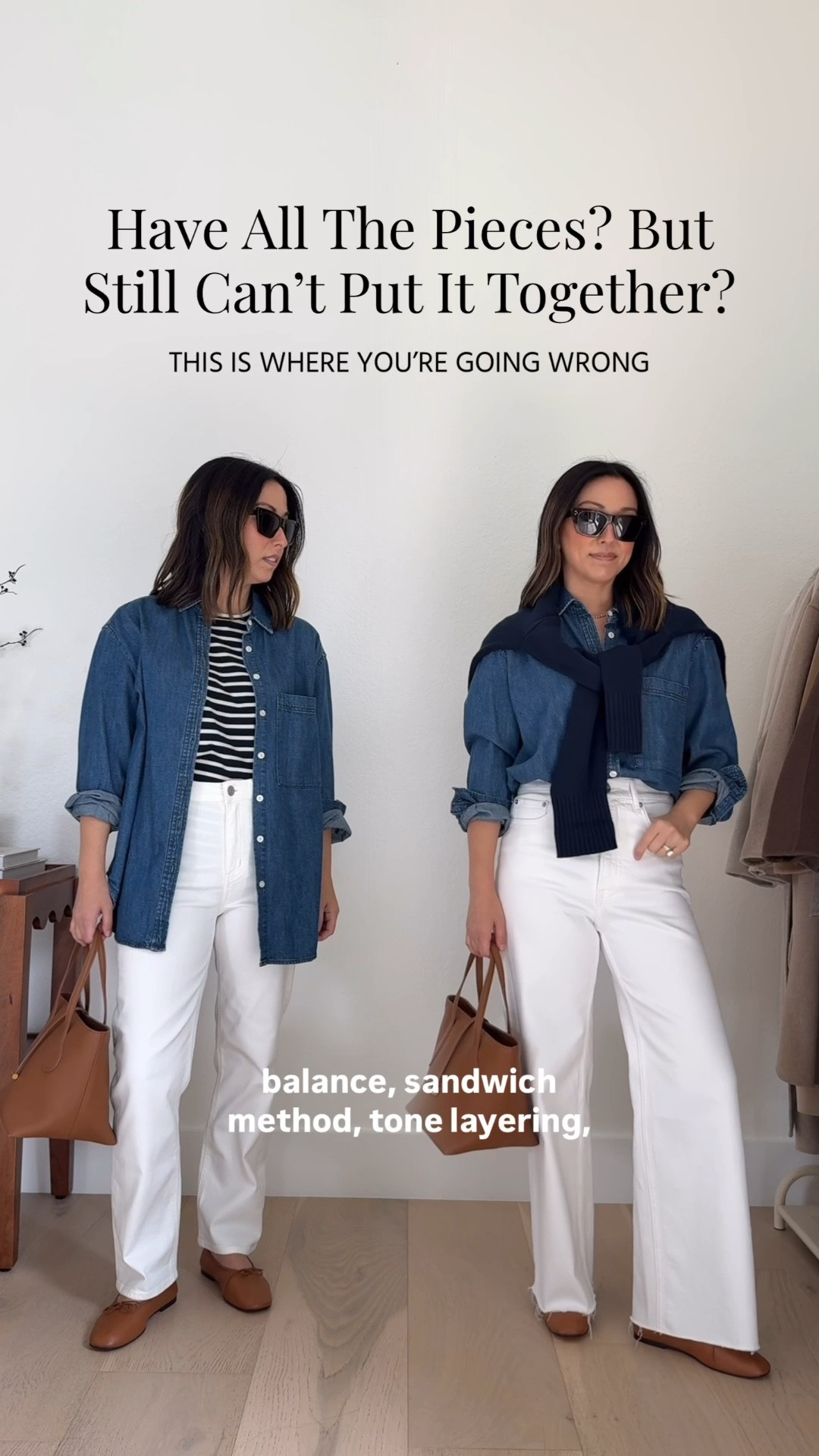 Same outfit, styled better. 3 updates to the look on the right to achieve a much more elevated outfit. 

AYR shirt xs
Everlane cotton sweater xs
Everlane 2.0 Sailor jeans 25, cut hems
Everlane ballet flats 5 - old
Liffner small bag - old
Celine sunglasses 
Electric Picks earrings
Dorsey James necklace 15"

#LTKmomlife #LTKPetite
