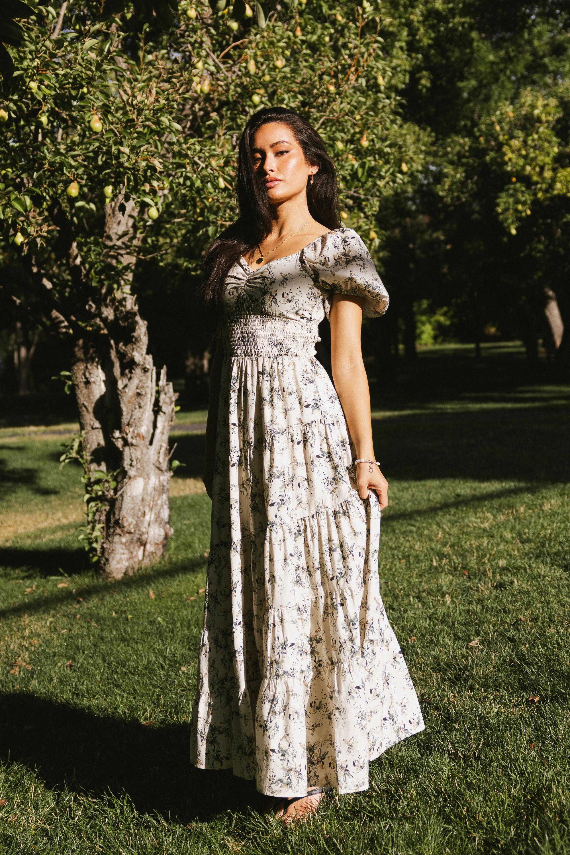 Robbie Floral Midi Dress in Beige | Böhme US