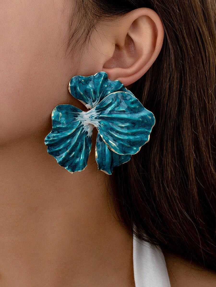 1 Pair Exaggerated Metallic Floral Stud Earrings For Women, Festival/Birthday Gift | SHEIN