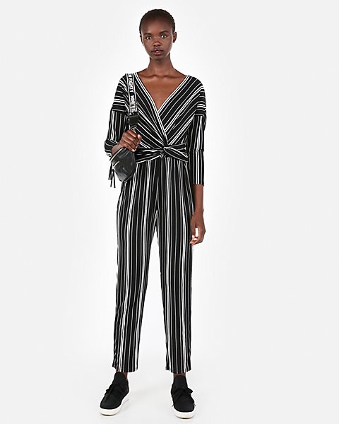 petite striped surplice twist front jumpsuit | Express