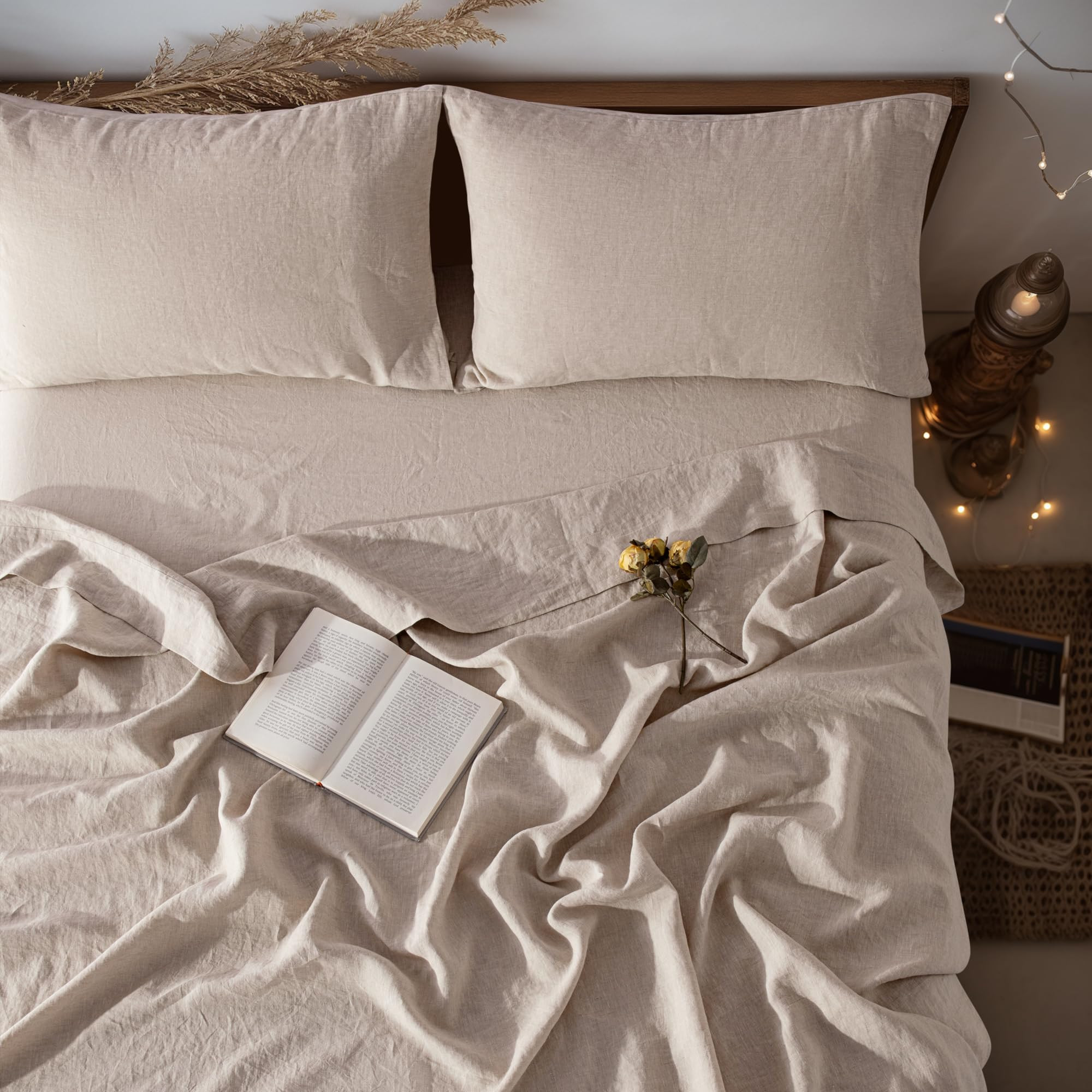 LBR02M 100% Linen Sheet Set Queen Size, Bed Sheets 4 Piece Sets, Solid Color Natural Flax Bed She... | Amazon (US)