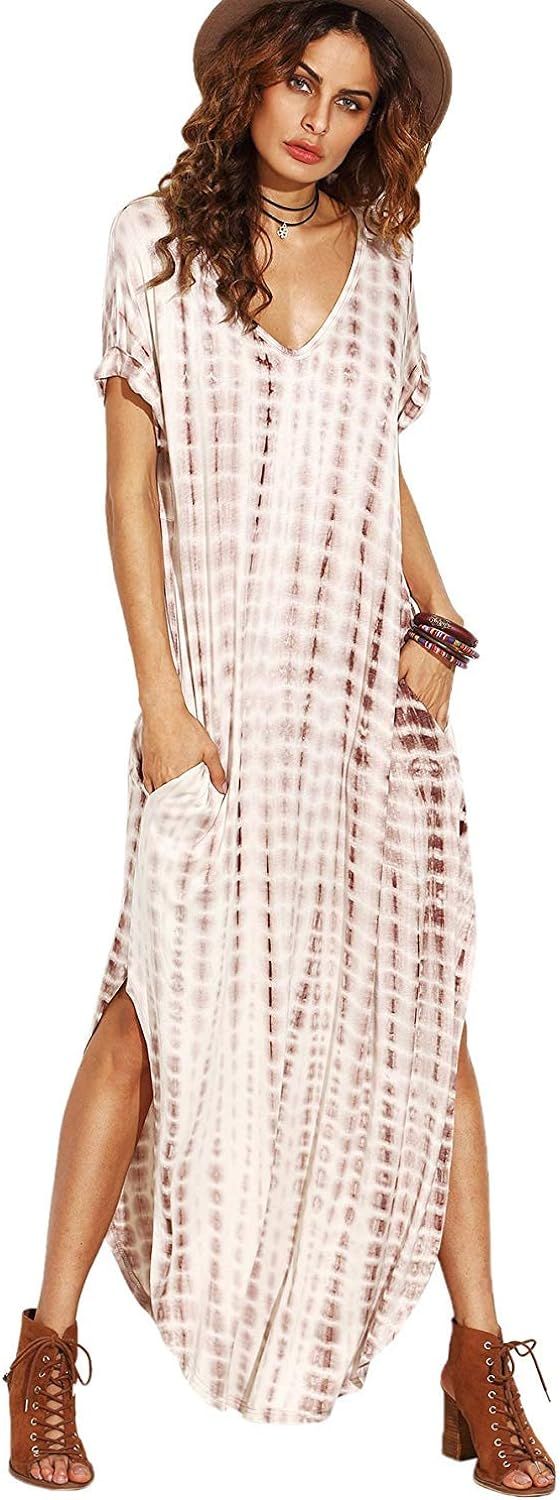 MakeMeChic Women's Boho Maxi Short Sleeve Split Pockets Tie Dye Long Dress | Amazon (US)