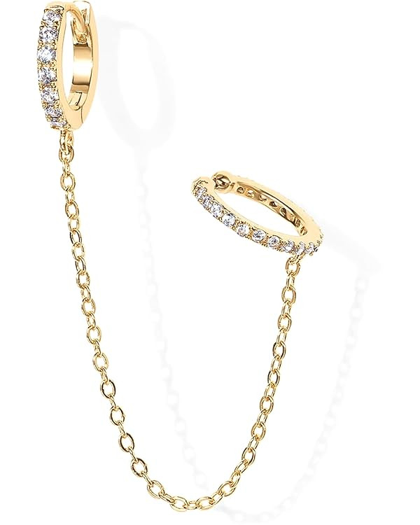 PAVOI 14K Gold Chain Earrings for Women | Double Piercing Dangle Chain Huggie Hoop Earrings | Cub... | Amazon (US)