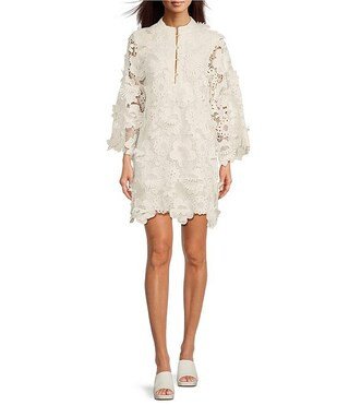 Gardenia Floral 3D Lace Split V Button Up 3/4 Sleeve Shift Dress | Dillard's
