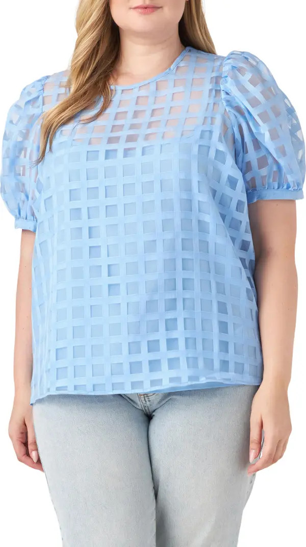 English Factory Sheer Plaid Short Puff Sleeve Top | Nordstrom | Nordstrom