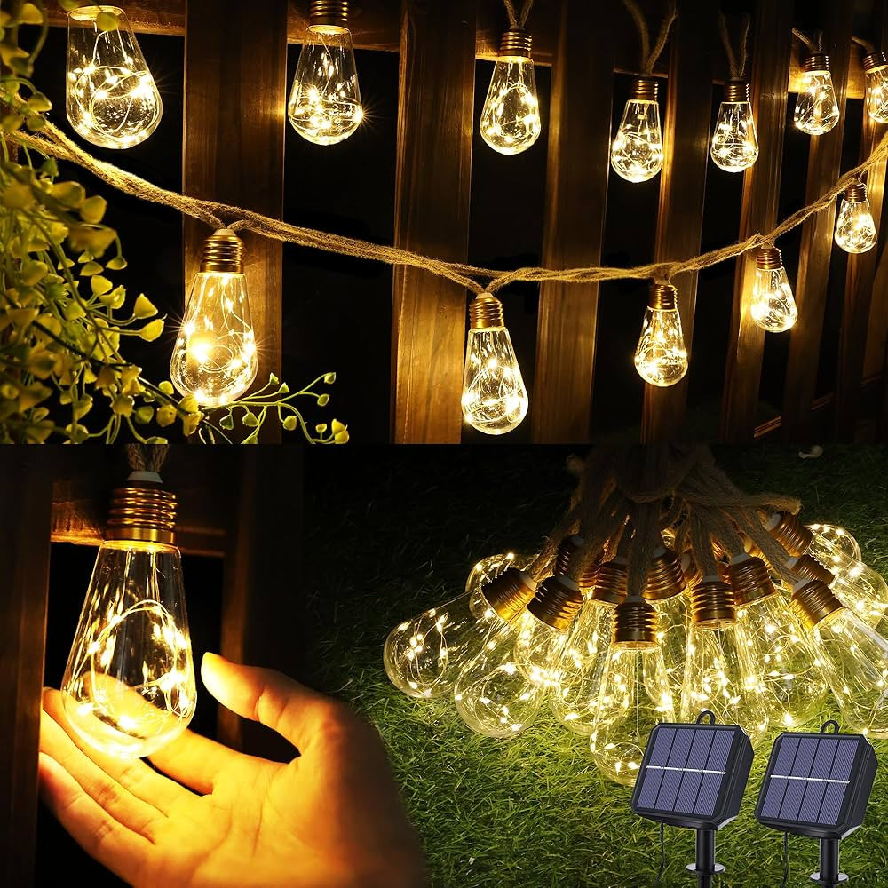 Solar Outdoor String Lights, 2 Pack 20Ft Vintage Rope Hemp Solar Patio Lights, Waterproof Warm Wh... | Amazon (US)