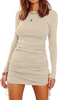 BTFBM Women Ruched Bodycon Drawstring Dress Plain Solid Crew Neck Long Sleeve Casual Stretch Knit... | Amazon (US)