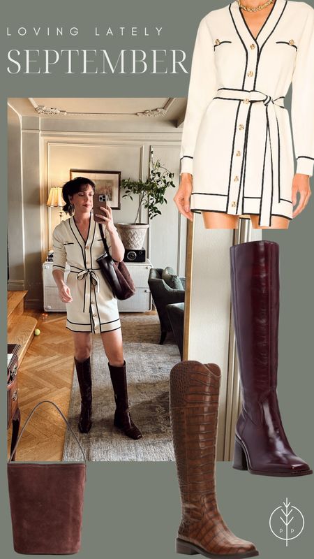 Fall outfit - contrast belted dress for fall with gold button details, fall bag and boots are older but same style still available in different colors (also linking same color in a different style on sale!)

#LTKshoecrush #LTKsalealert #LTKSeasonal