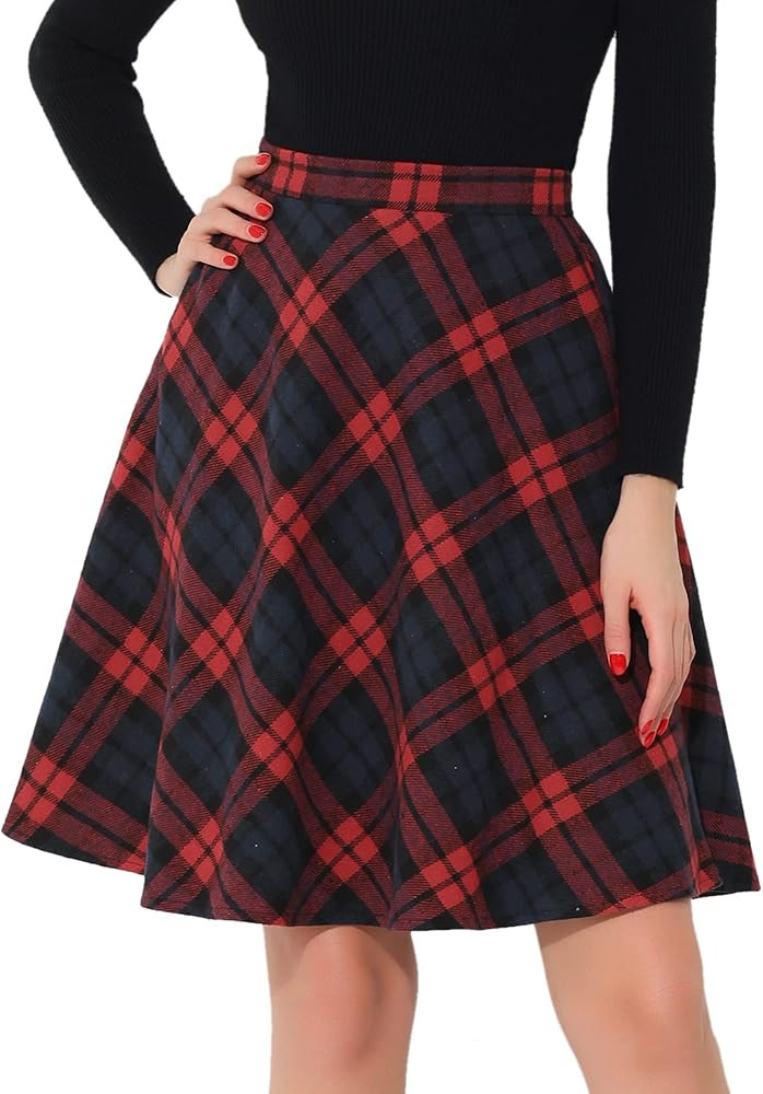 Allegra K Women's Plaids Vintage Tartan Elastic Waist Knee Length A-Line Skirt | Amazon (US)