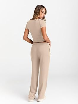 Trendy Queen 2 Piece Matching Summer Sweatsuit Lounge Set Womens Wide Leg Pants Side Ruching Crop... | Amazon (US)