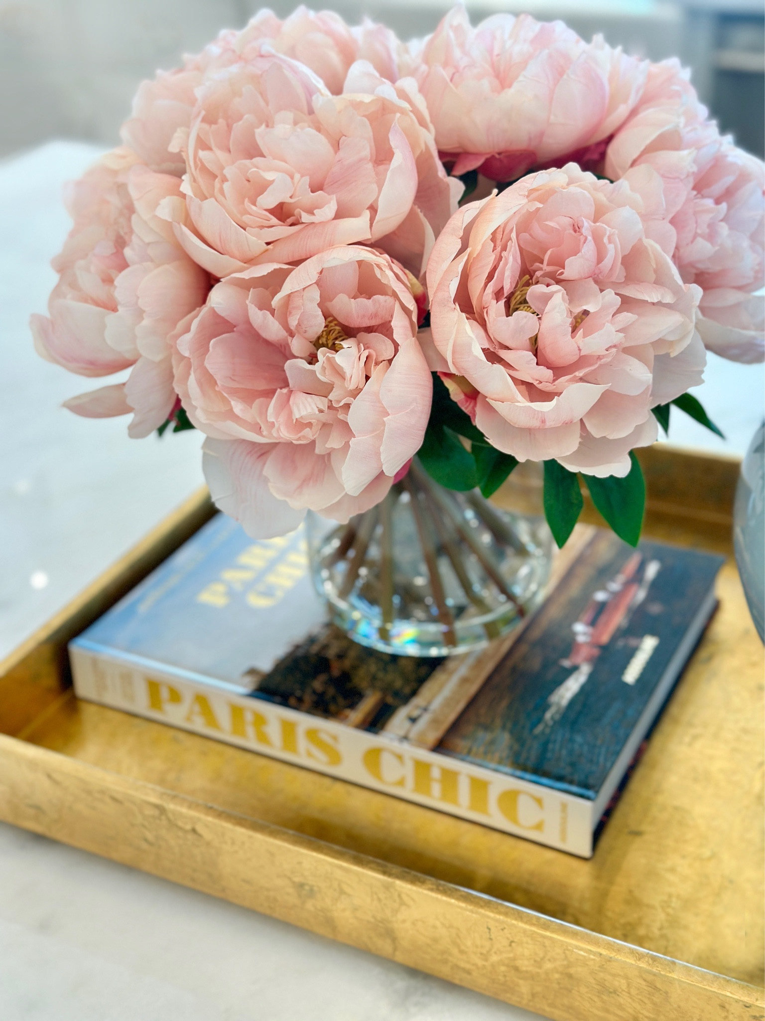 Faux peony arrangement, Paris coffee table book, gold tray 

#LTKhome #LTKunder50 #LTKsalealert