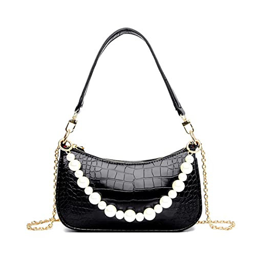 Retro Crocodile Purse Classic Clutch Shoulder Bags Tote HandBag with Zipper Closure for Women (Black-Pearl Chain) One Size | Amazon (US)