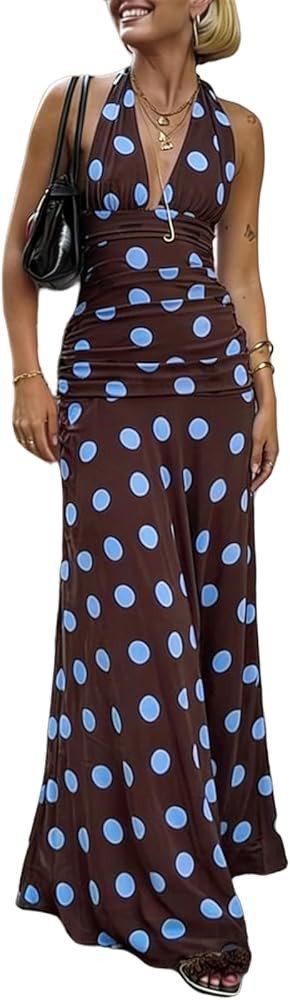 Alyweatry Women Polka Dot Halter Maxi Dress Y2k Sleeveless Deep V Neck Flowy Summer Vacation Beac... | Amazon (US)