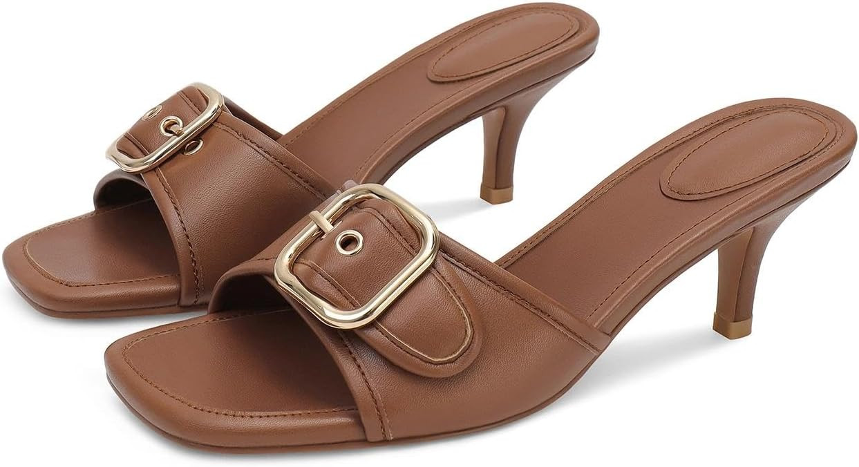 Black Kitten Heel Sandals Stiletto Low Heels Slip On Slides Mule Sandal Square Open Toe Dress Sho... | Amazon (US)