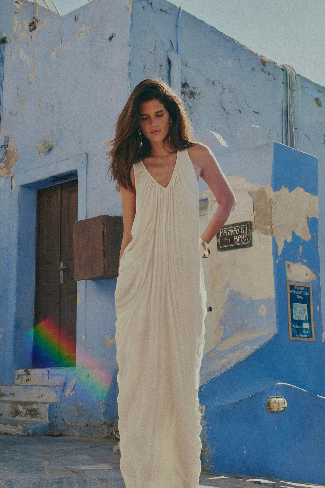 Draped V Neck Gown (Cream) | SAME