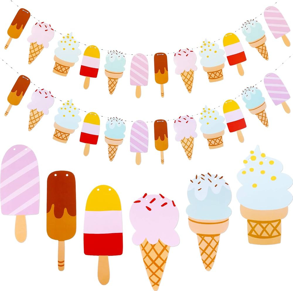 Leinuosen 2 Pack Ice Cream Bar Banner Garland Birthday Party Decorations for Ice Cream Theme Part... | Amazon (US)