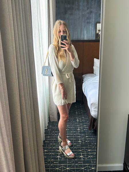 Technically thrifted everything but my jewelry and purse in this photo, but enjoy sharing my looks so tagged a few similar pieces for a white long sleeve tie wrap mini dress and chunky silver sandals. All my gold jewelry are essentials that I’ve been wearing non stop for a year plus. 10/10 would recommend !!!

#LTKunder50 #LTKtravel #LTKworkwear