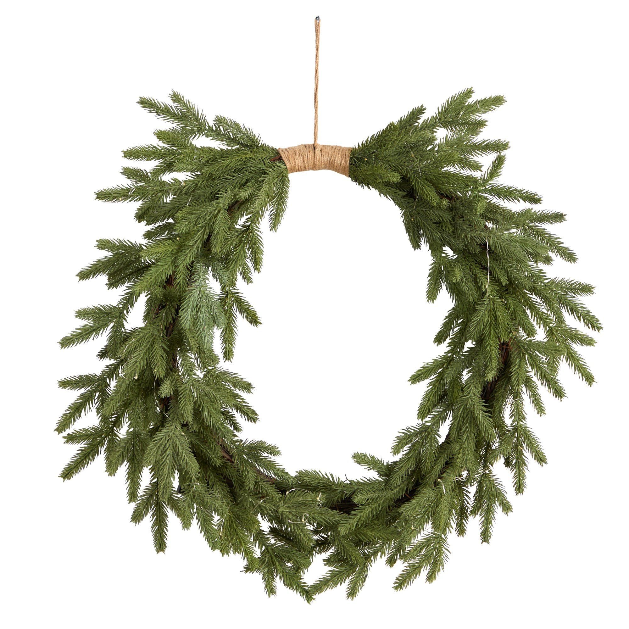 24" Holiday Christmas Pre-Lit Cascading Pine Wreath | Nearly Natural" | Nearly Natural