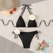 Ladies D Flower Decoration Halter Neck Tie Sexy Bikini Set For Summer Beach Special Material | SHEIN