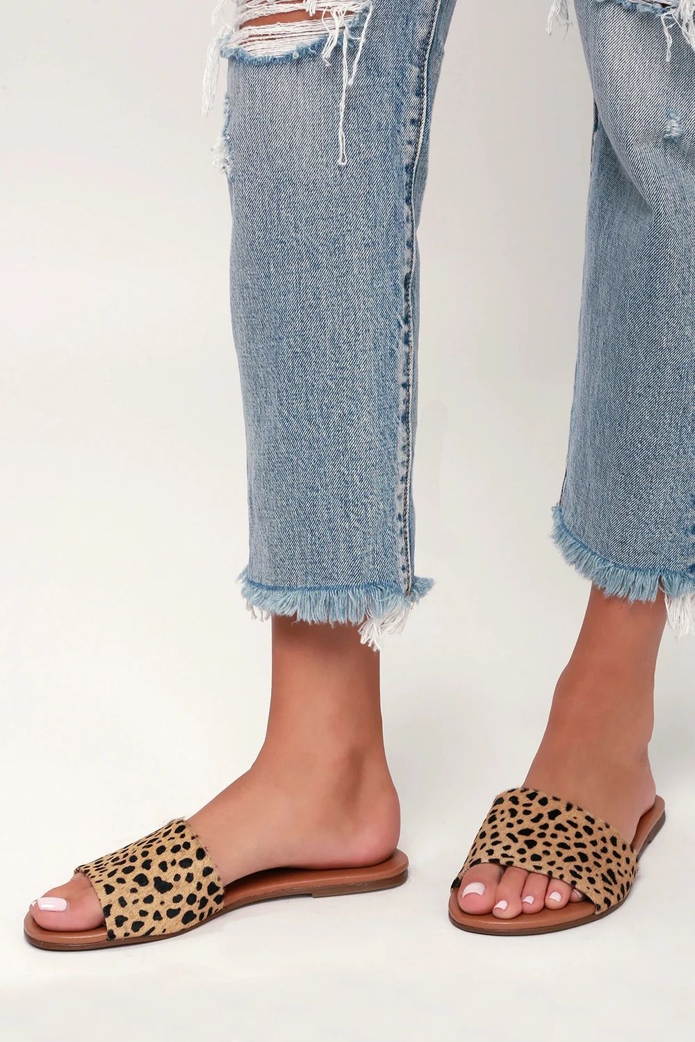 Tara Leopard Calf Hair Leather Slide Sandals | Lulus (US)