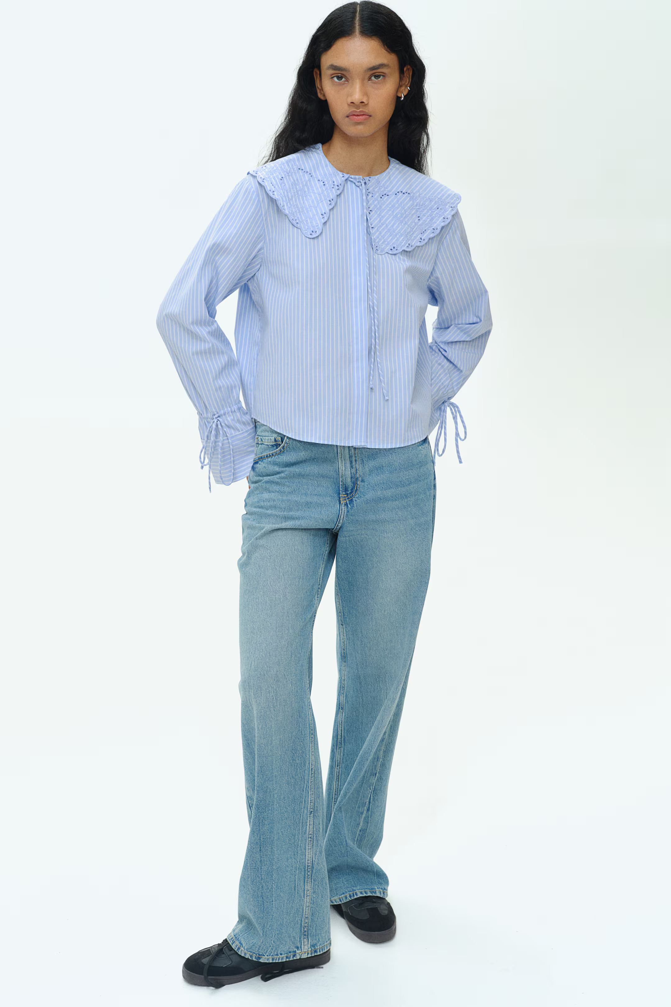 Poplin Blouse with Eyelet Embroidery - Long sleeve - Regular length - Light blue/striped - Ladies... | H&M (US + CA)