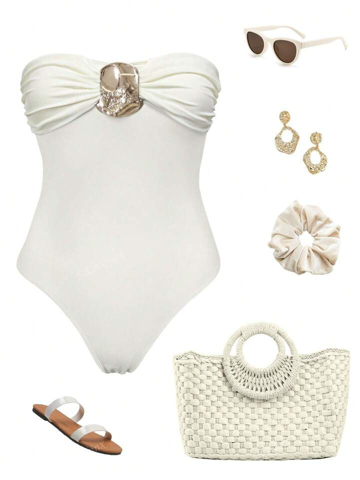 Bikinx Women's Solid Color Ruched Detachable Strap Sexy Metallic Decoration One-Piece Swimsuit, F... | SHEIN