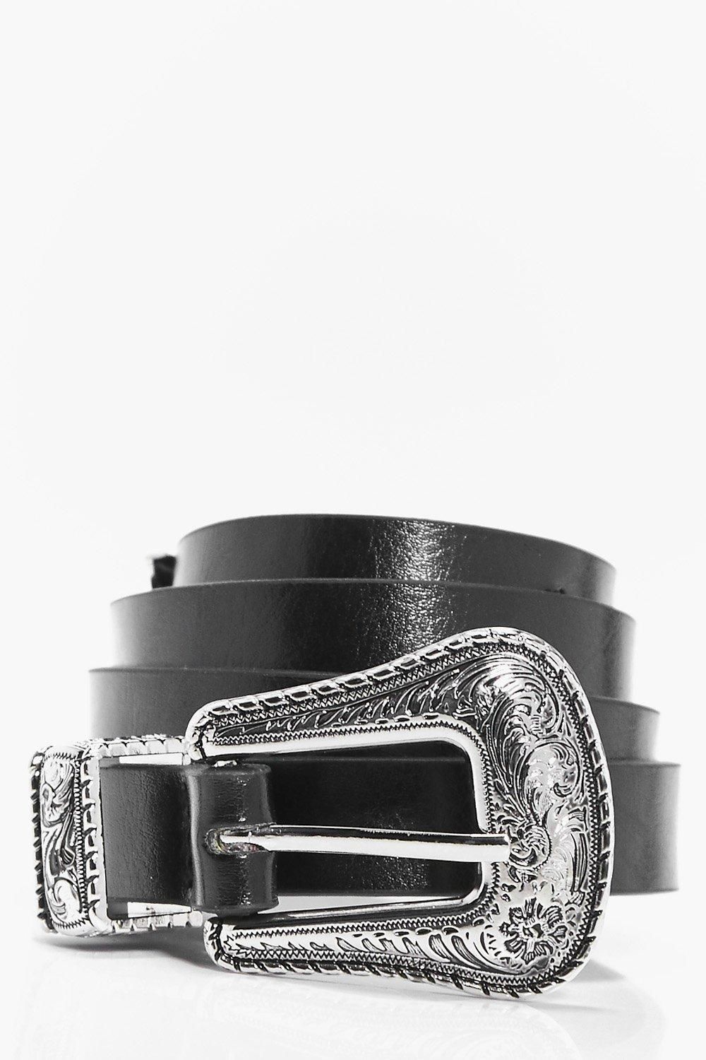 Womens Slim Western Buckle Boyfriend Belt - Black - One Size | Boohoo.com (US & CA)