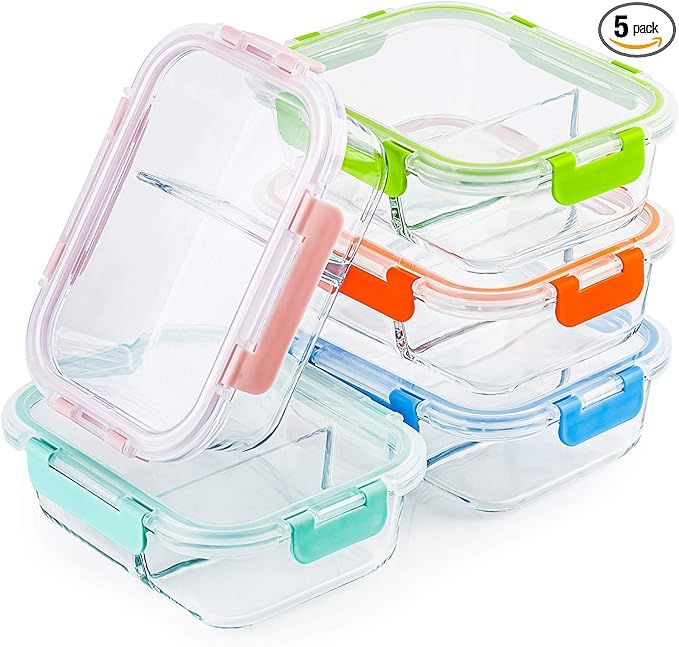 Glass Meal Prep Containers 2 Compartment Set, 5-Pack, 34oz, Glass Bento Boxes for Adults, Divided... | Amazon (US)