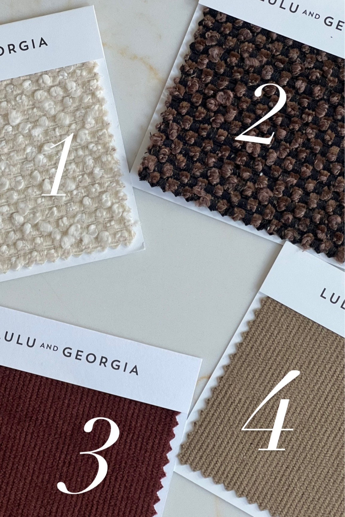 Picking out the fabric for our master bed bed frame 
1 - ivory basket boucle
2- brown basket boucle
3- wine mini corduroy
4- latte mini corduroy

Spring refresh 
Home finds 
Bedroom 
Minimal bed 
Neutral earthy tones 



#LTKwedding #LTKhome #LTKSeasonal