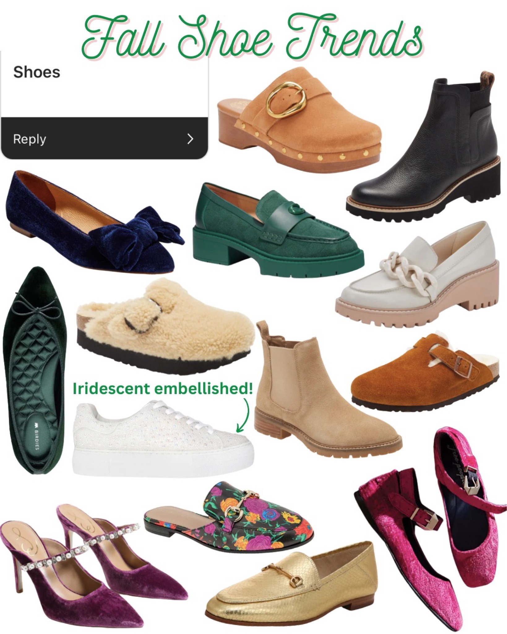 Fall Shoe Trends! Loafers, lug sole booties, clogs, ballet flats, velvet flats, embellished sneakers, platform loafers, Birkenstock Boston clogs, mules, Chelsea boots