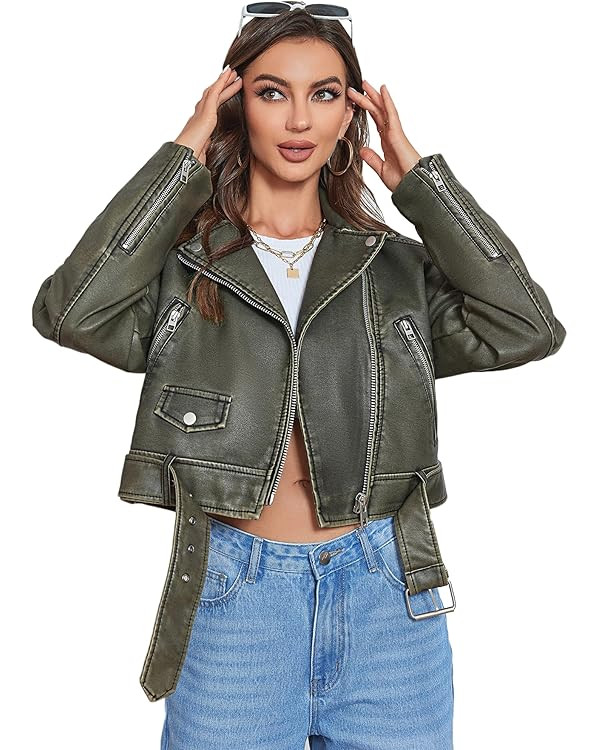 LY VAREY LIN Women Faux Leather Cropped Jacket Casual Bomber Biker Short Coat with Belt | Amazon (US)