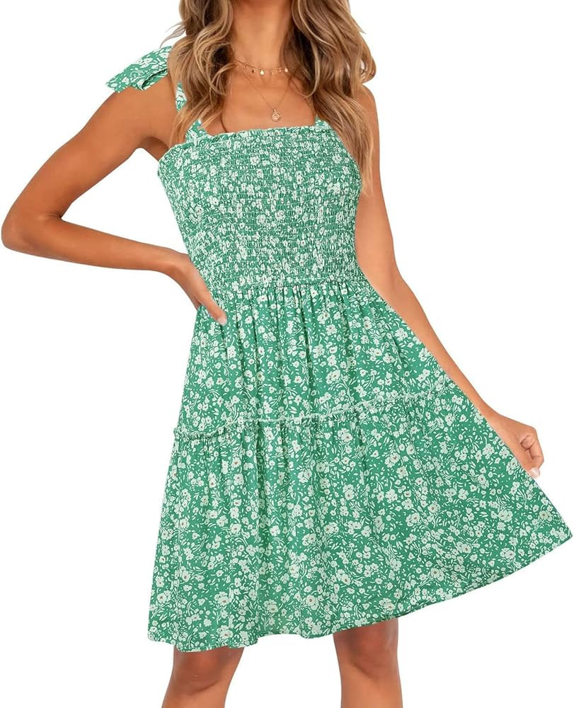 ZESICA Women's Summer Boho Floral Printed Spaghetti Strap Square Neck Ruffle A Line Swing Beach Mini | Amazon (US)