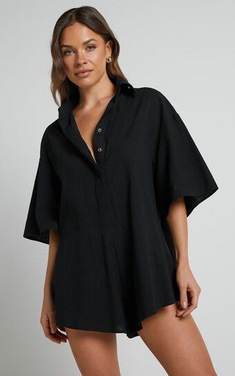 Ankana Playsuit - Short Sleeve Relaxed Button Front Playsuit in Black | Showpo (US, UK & Europe)