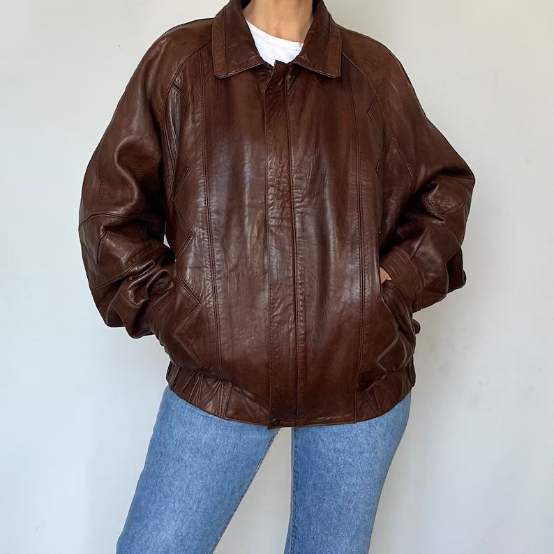 Vintage Woman Brown Leather Bomber Jacket - Oversize Bomber Leather Coat - Man Crop Motorcycle Co... | Etsy (US)