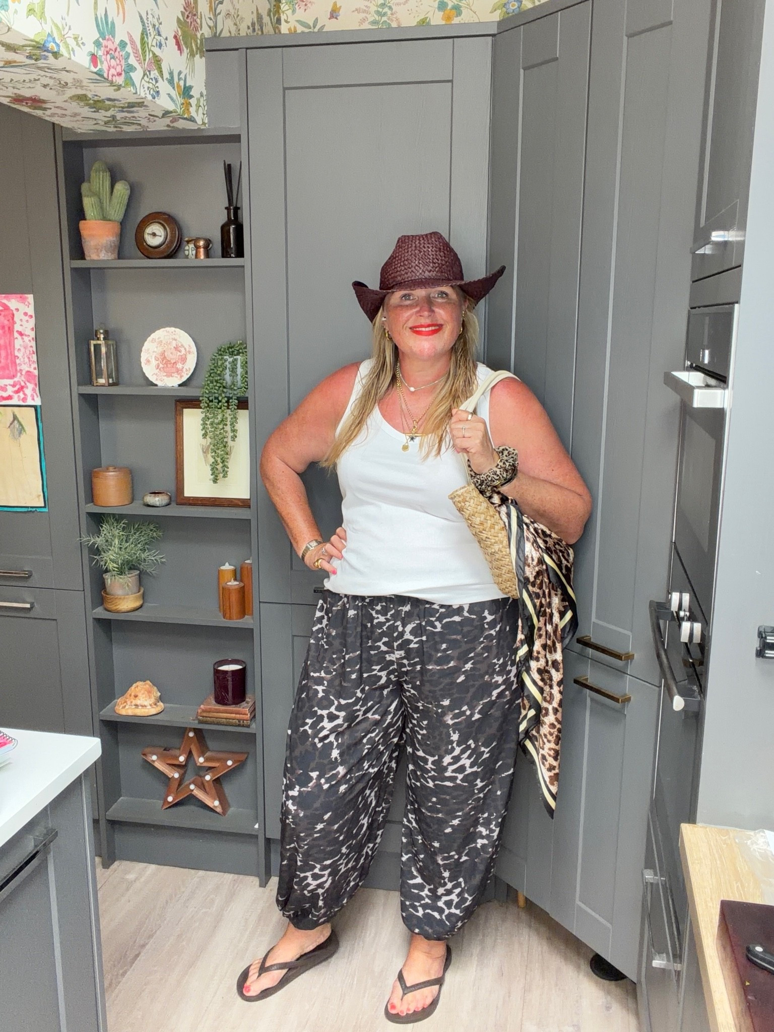 Balloon trousers, vest, hat , flip flops, straw bag

#LTKfestival #LTKsummer #LTKplussize