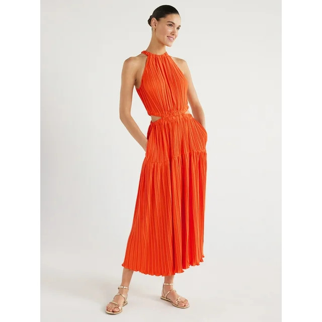 Scoop Women's Pleated Plisse Halter Maxi Dress with Cutouts, Sizes XS-XXL | Walmart (US)