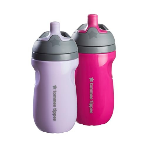 Tommee Tippee Insulated 9oz Sporty Spout Toddler Water Bottle, No Spill, Sippy Cups for Toddlers 1-3, Two-Piece Valve Helps Stop Spills, Lilac & Plum, BPA Free, Pack of 2 | Amazon (US)