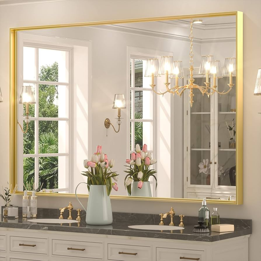 Keonjinn Brushed Gold Bathroom Mirror 55 x 36 Inch Rectangle Wall Mirror Large Metal Frame Mirror... | Amazon (US)